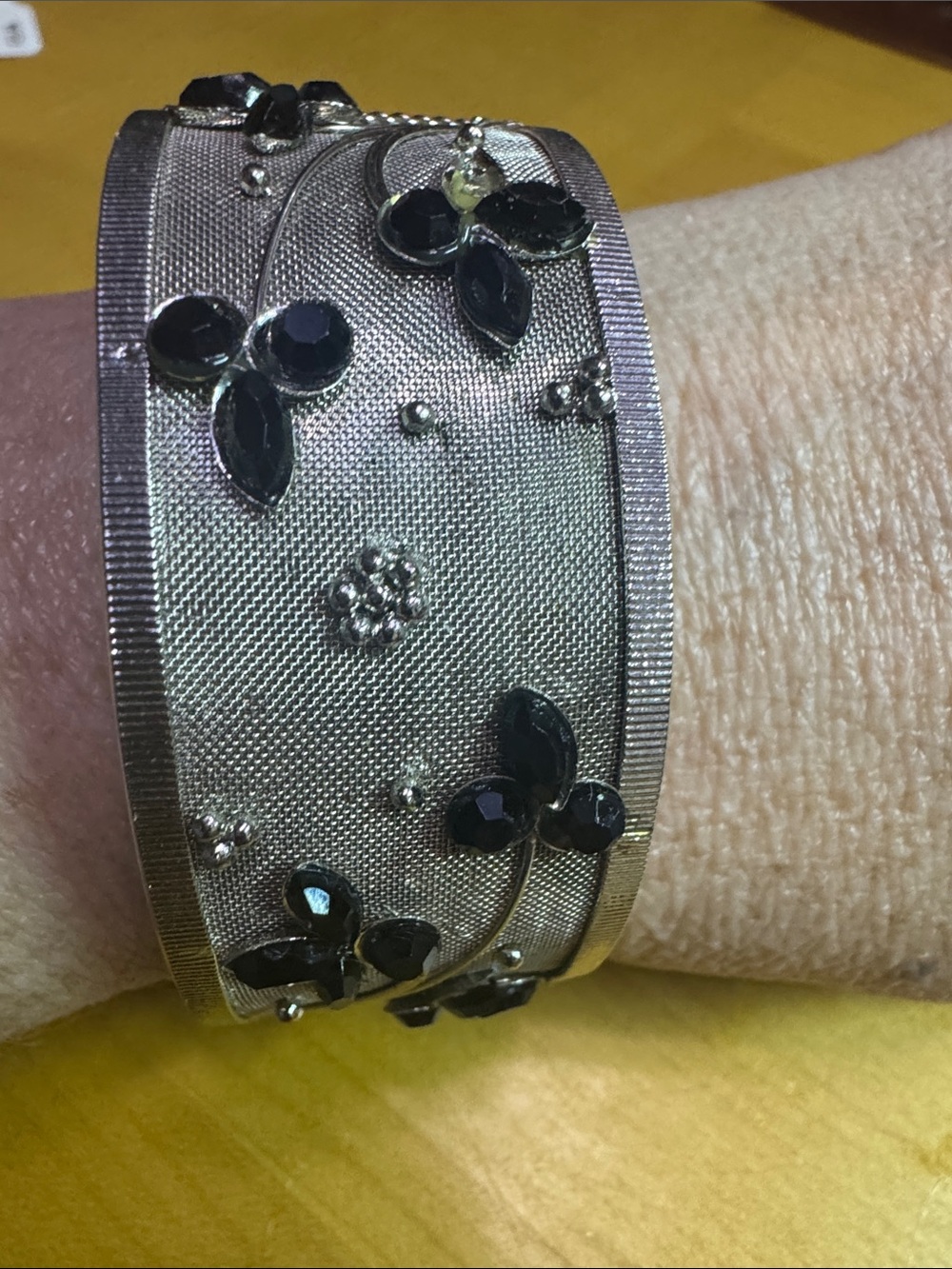 Vintage Silver Mesh Bracelet with Black Crystal Floral Accents